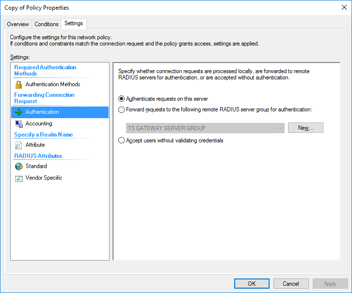 Radius policy properties settings